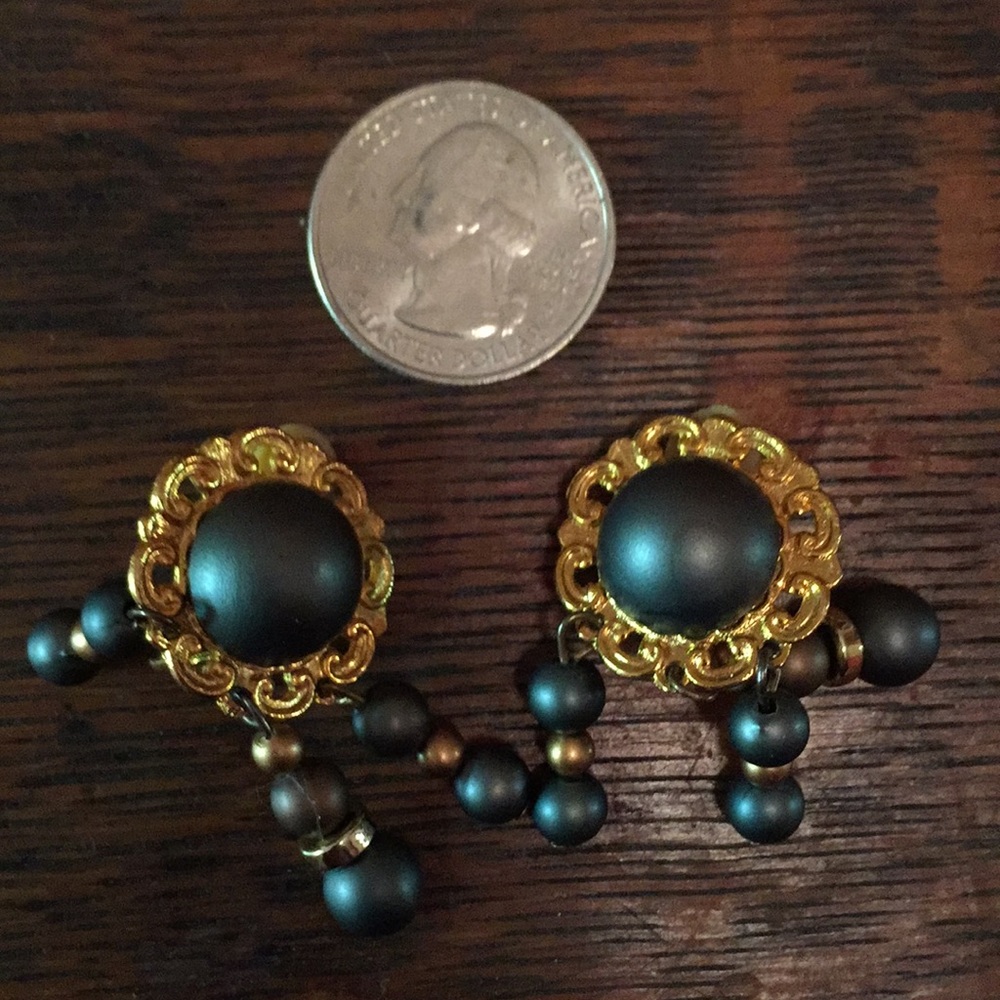 Vintage clip teal bronze and gold earrings